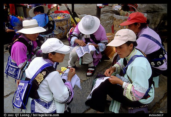 Sani women making embroidery. Shilin, Yunnan, China (color)