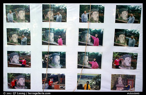 Pictures of Chinese tourists having fun with the Grand Buddha. Leshan, Sichuan, China (color)
