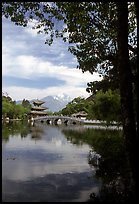 Pavillon reflected in the Black Dragon Pool, with Jade Dragon Snow Mountains in the background. Lijiang, Yunnan, China