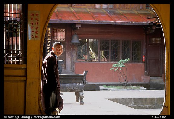 Monk in Jinding Si temple. Emei Shan, Sichuan, China (color)