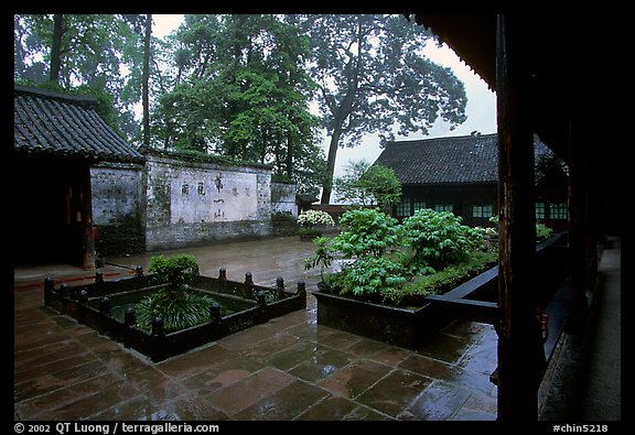 Courtyard of Hongchunping temple in the rain. Emei Shan, Sichuan, China