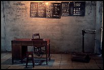 Desk with counting frame, blackboard with Chinese script, scale. Emei Shan, Sichuan, China