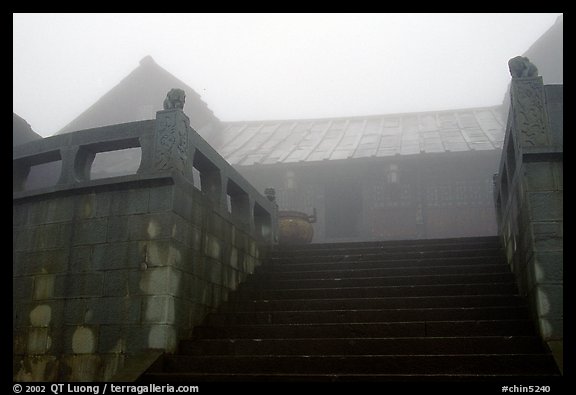 Xixiangchi temple in the fog. Emei Shan, Sichuan, China (color)