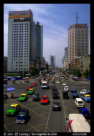 Car traffic on a major avenue. Chengdu, Sichuan, China
