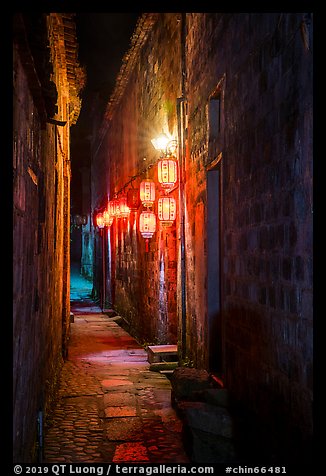 Alley with lanterns at night. Hongcun Village, Anhui, China
