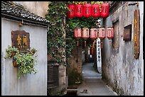 Alley with lanterns and plants. Hongcun Village, Anhui, China ( color)