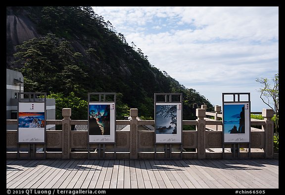 Photographs on display at overlook. Huangshan Mountain, China (color)