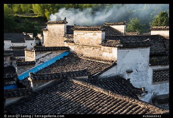Rooftops and smoke. Xidi Village, Anhui, China (color)