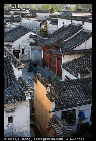 Zhuimu Tang from above with child at play. Xidi Village, Anhui, China (color)