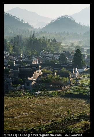Villagers in fields and village in morning fog from above. Xidi Village, Anhui, China