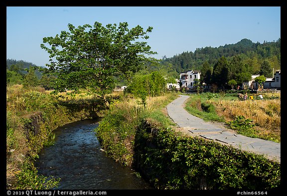 River, path and village. Xidi Village, Anhui, China