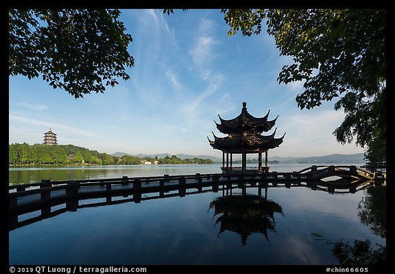 Long Bridge, pavilion, and Leifeng Pagoda, West Lake. Hangzhou, China