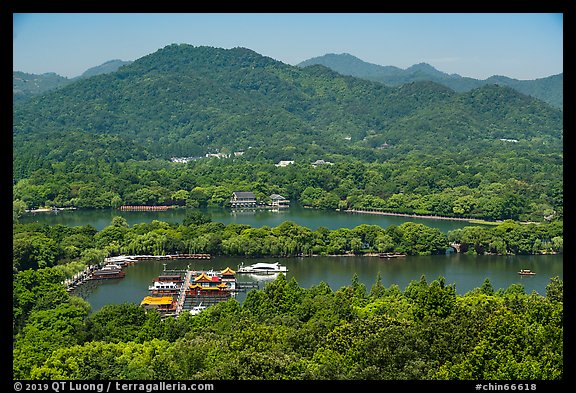 Hills, West Lake and causeway from above. Hangzhou, China