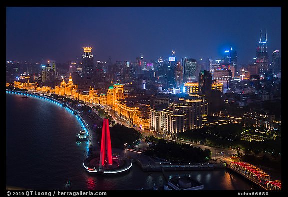 City skyline with illuminated Bund from above. Shanghai, China (color)
