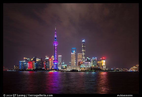 Shanghai skyline with Oriental Perl Tower and Huangpu River at night. Shanghai, China