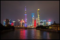 Garden Bridge, Peoples Memorial and city skyline at night. Shanghai, China ( color)