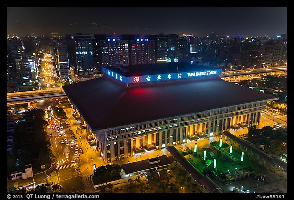 Central station seen from above by night. Taipei, Taiwan