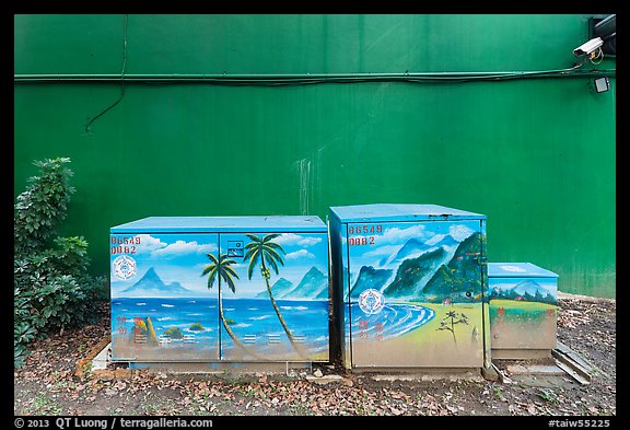 Painted electric utilities boxes with surveillance camera. Taipei, Taiwan