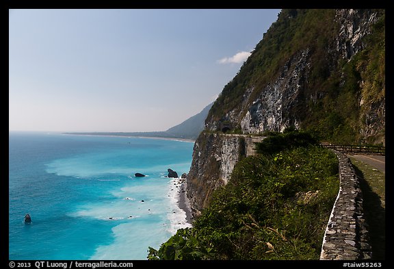 Road atop steep see cliffs overlooking ocean. Taroko National Park, Taiwan (color)