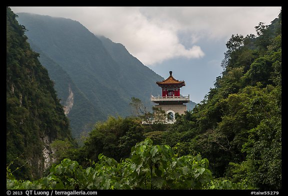 Lush mountains and Changuang Temple. Taroko National Park, Taiwan (color)