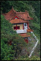Temple with red tile roof seen from above, Taroko Gorge. Taroko National Park, Taiwan (color)