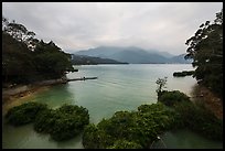 Cove with floating rafts on which plants are being grown. Sun Moon Lake, Taiwan ( color)