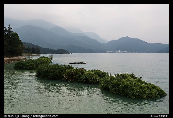 Floating gardens and misty mountains. Sun Moon Lake, Taiwan (color)