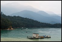 Houseboats and misty mountains. Sun Moon Lake, Taiwan ( color)