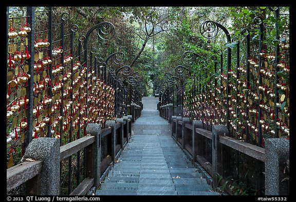 Stairs to temple lined up with blessing wind chimes. Sun Moon Lake, Taiwan