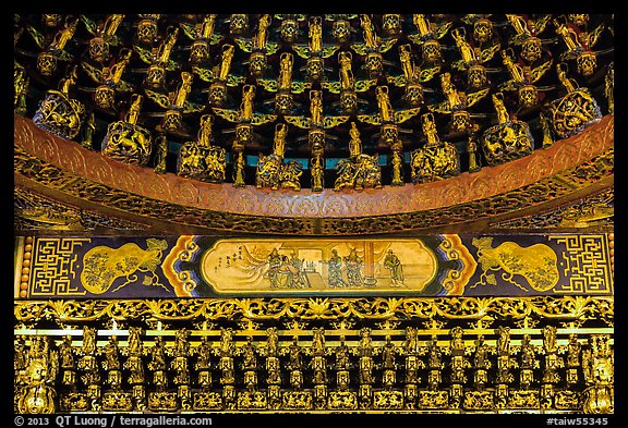 Detail of gilded ceiling and wall, Wen Wu temple. Sun Moon Lake, Taiwan (color)