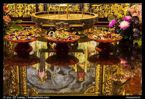 Reflections on altar table top, Wen Wu temple. Sun Moon Lake, Taiwan