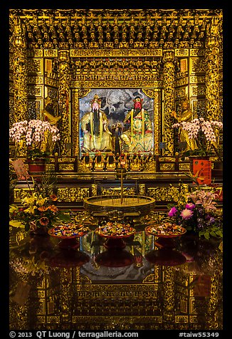Offerings, altar and reflections, Wen Wu temple. Sun Moon Lake, Taiwan (color)