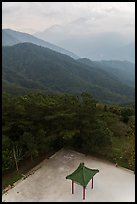 Pavilion from above and misty mountains, Tsen Pagoda. Sun Moon Lake, Taiwan (color)