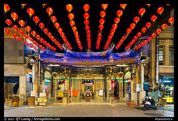 Temple and red paper lanterns at night. Lukang, Taiwan (color)