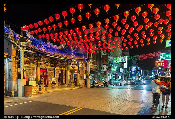 Street at night with temple and red paper lanterns. Lukang, Taiwan (color)