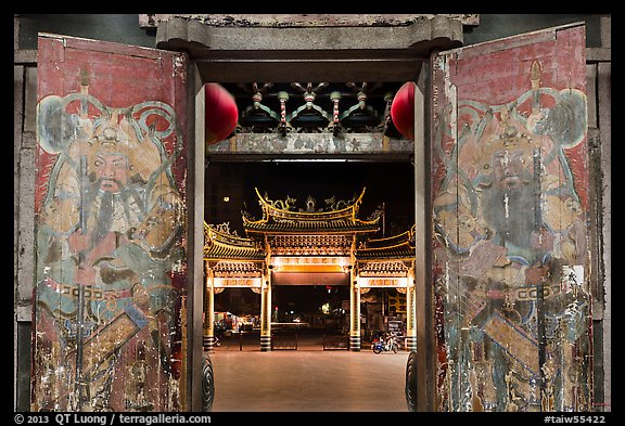 Painted doors, looking towards gate at night, Tienhou Temple. Lukang, Taiwan