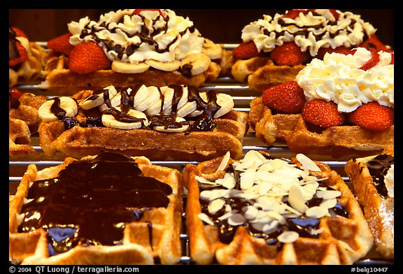 Belgian waffles with a variety of toppings. Brussels, Belgium (color)