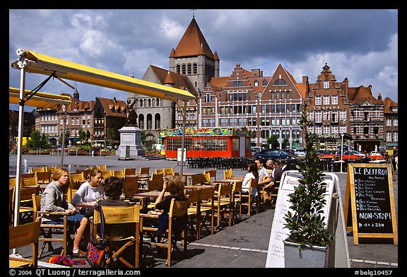 Outdoor cafe terrace, Grand Place. Tournai, Belgium (color)