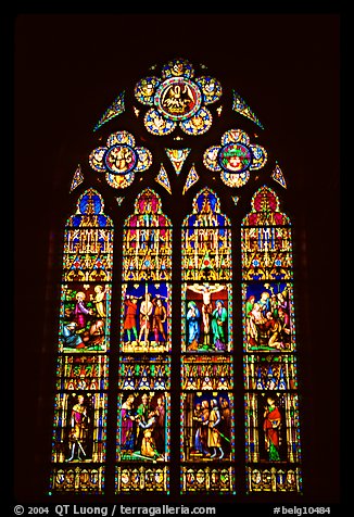 Glass stained window in the Basilica of Holy Blood. Bruges, Belgium (color)