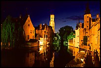 Old houses and beffroi Quai des Rosaires, night. Bruges, Belgium (color)