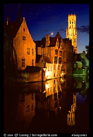 Old houses and belfry, Rozenhoedkaai, night. Bruges, Belgium