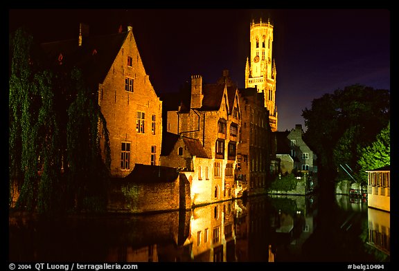 Old houses and beffroi reflected in canal at night. Bruges, Belgium (color)