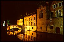 Bridge and houses reflected in canal at night. Bruges, Belgium ( color)