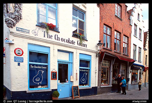 Street with chocolate shop. Bruges, Belgium