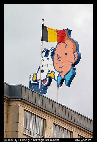 Tintin, Milou, and Belgian flag. Brussels, Belgium (color)