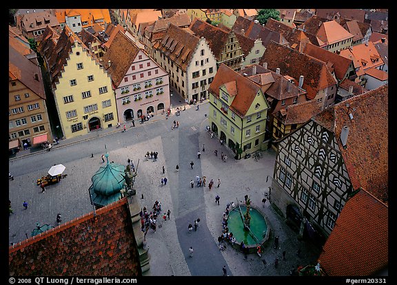 Marktplatz seen from the Rathaus tower. Rothenburg ob der Tauber, Bavaria, Germany