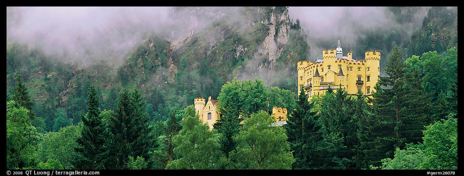 Hohenschwangau castle on forested hillside. Bavaria, Germany (color)