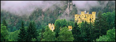 Hohenschwangau castle on forested hillside. Bavaria, Germany (Panoramic color)