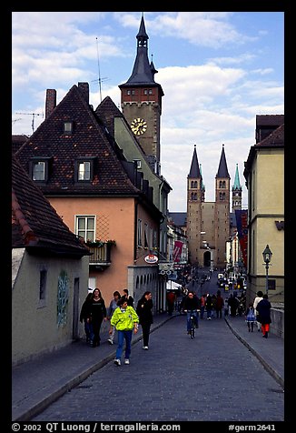 Rathaus, and Neumunsterkirche seen fron Alte Mainbrucke (bridge). Wurzburg, Bavaria, Germany (color)