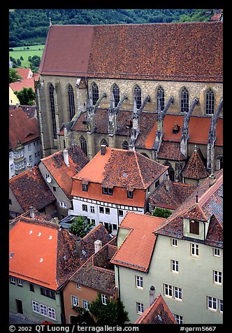 House rooftops and Kirche Sankt-Jakob seen from the Rathaus tower. Rothenburg ob der Tauber, Bavaria, Germany